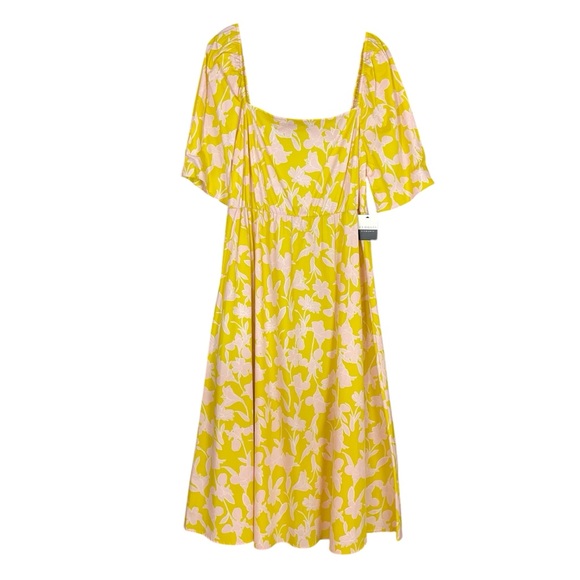 Eloquii | Bright Yellow Baby Pink Floral‎ Puff Sleeve Midi Sundress Square Neck - Picture 4 of 9